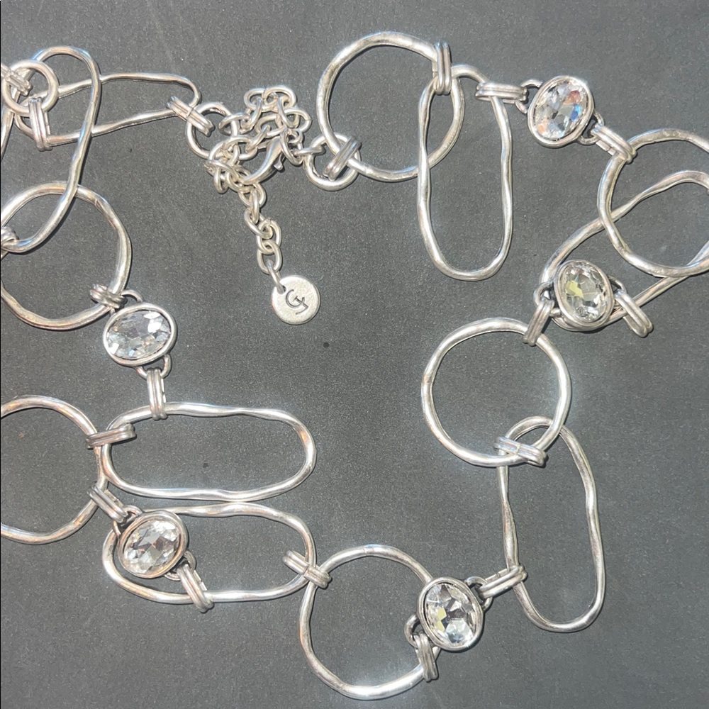 Handmade Crystal Pewter Necklace - blue oval crystal in SS plated stretch - NWT